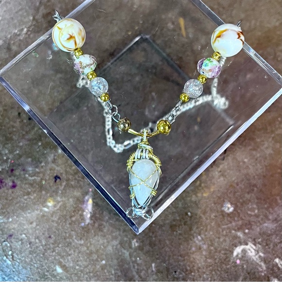 Gold & Silver Classy Moonstone Beaded Necklace - Picture 3 of 8